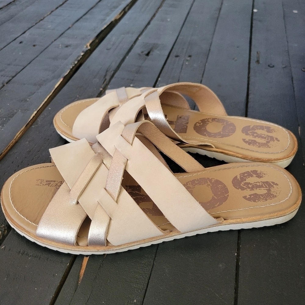Sorel Women's 9.5 Ella Rose Gold Natural Slip On Sandals Slides Comfort